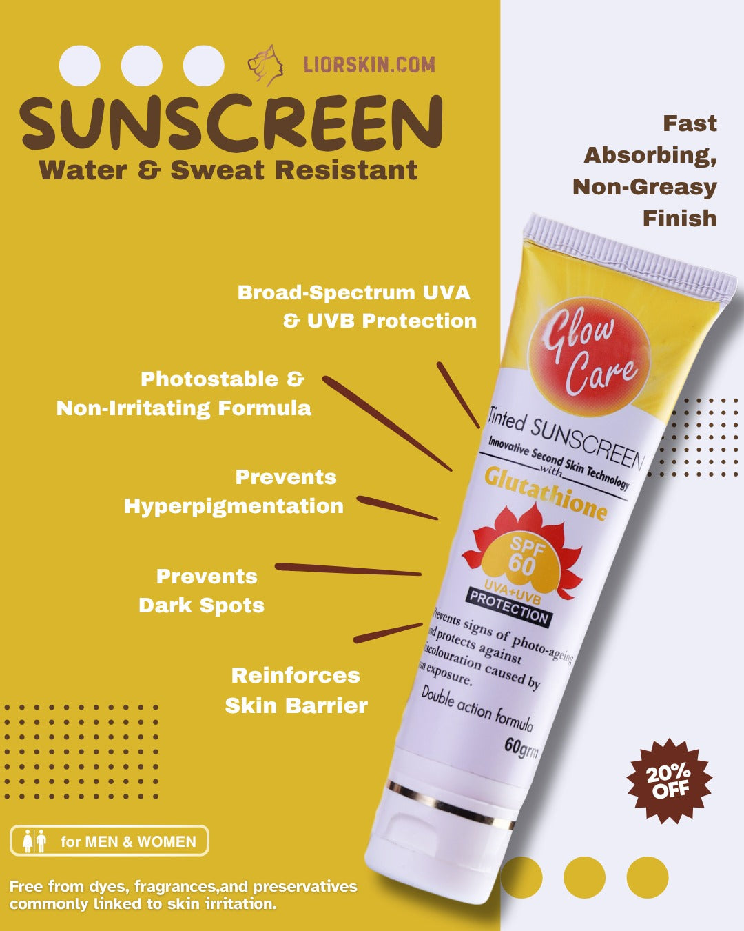 Tinted sunscreen tube with SPF 60, broad-spectrum UVA/UVB protection, water and sweat resistant, suitable for men and women.