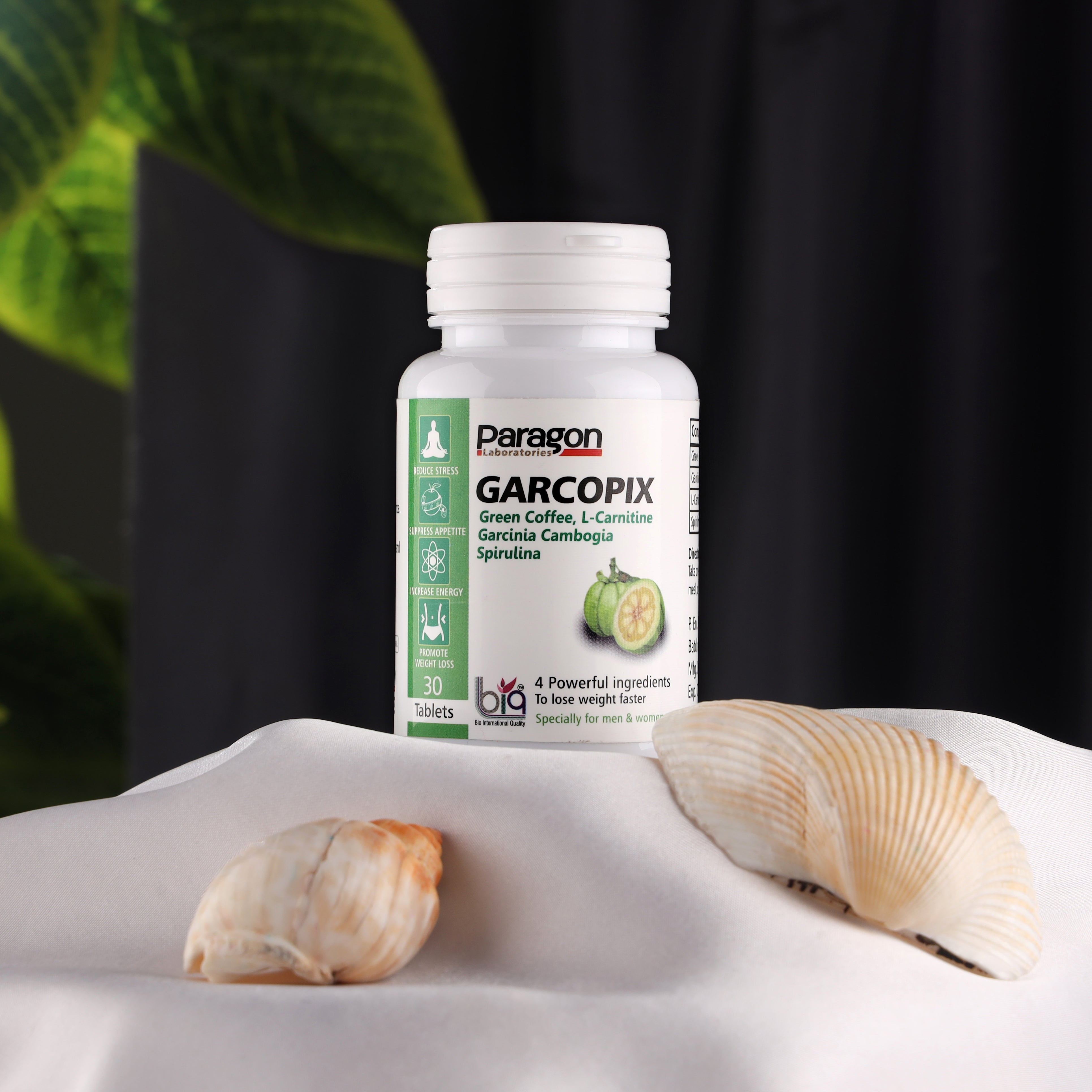 GarcoPix dietary supplement bottle with Garcinia Cambogia on white cloth, seashells, and leafy background