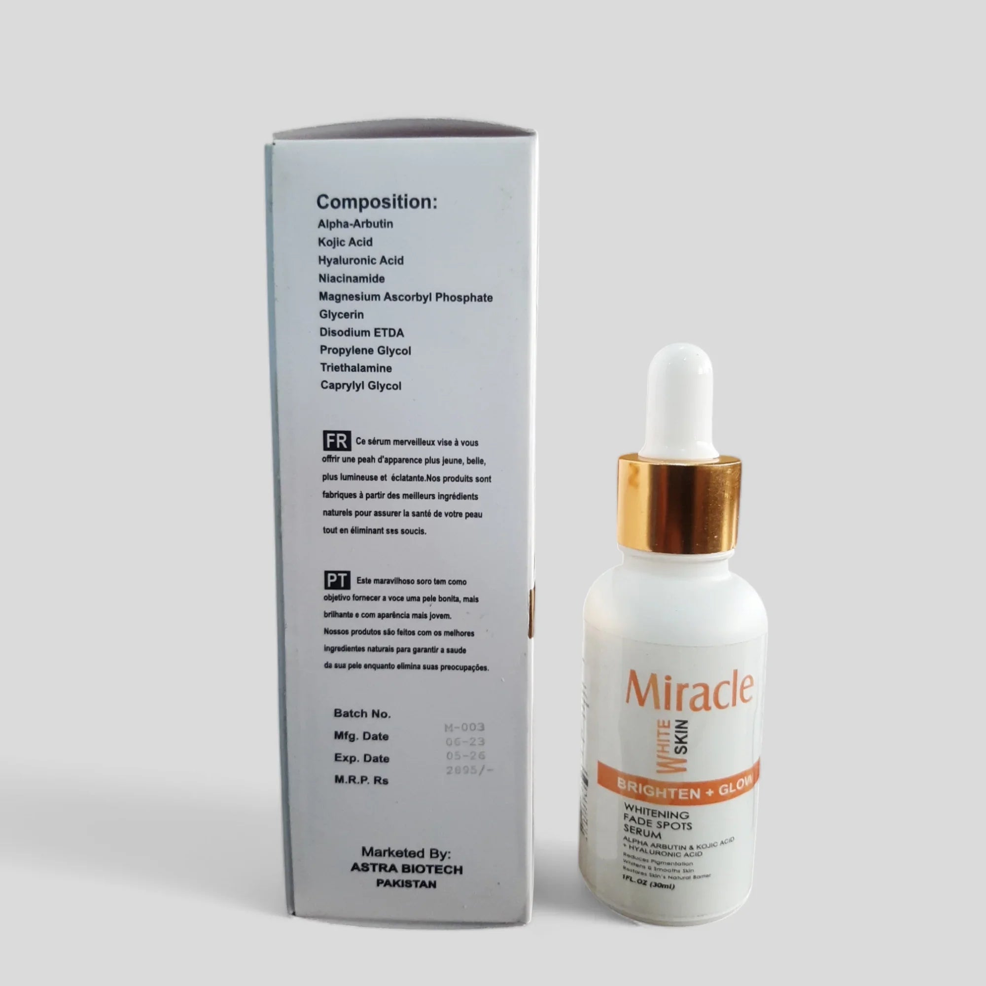 Miracle Skin whitening and brightening serum bottle with packaging, key ingredients listed